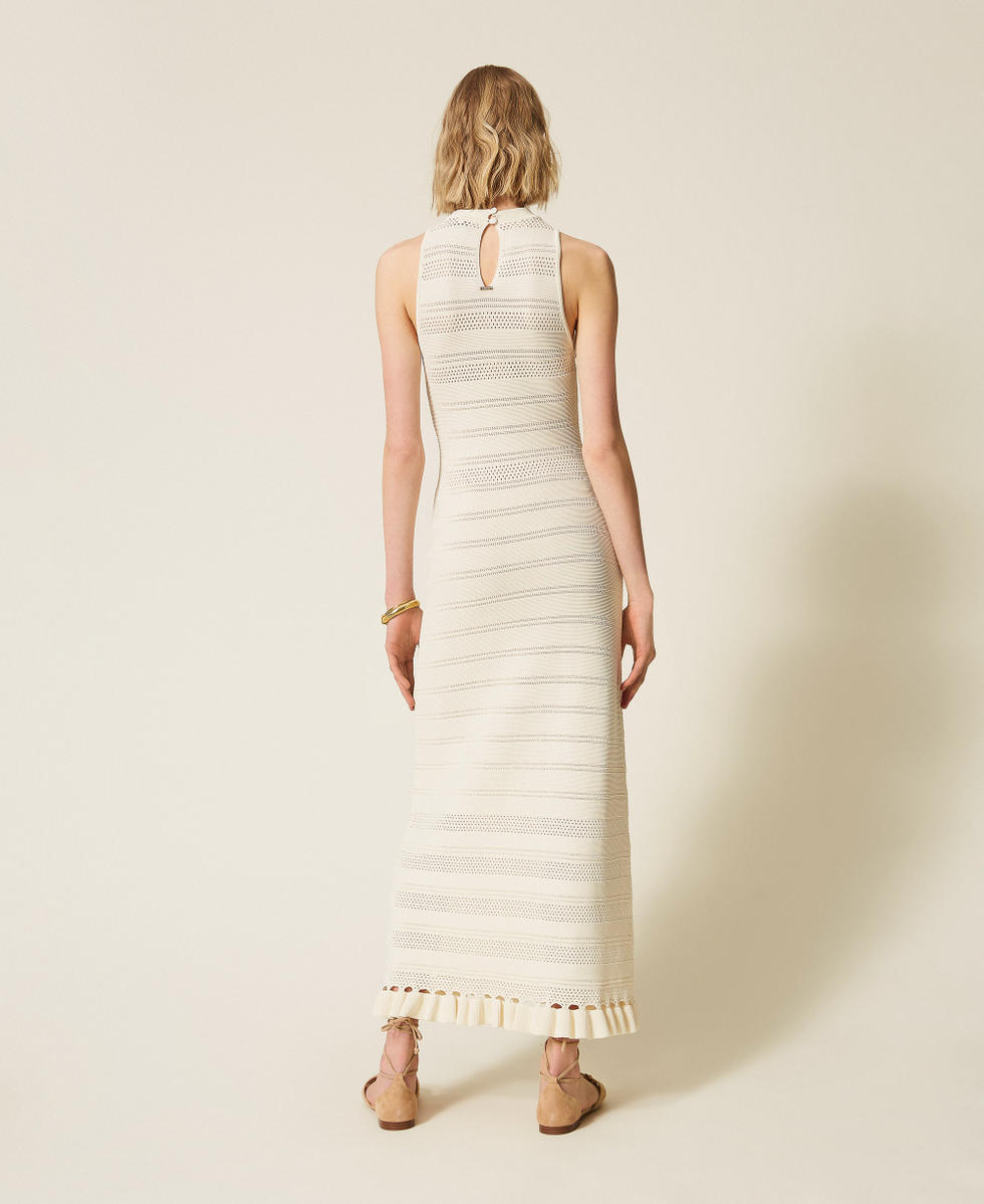 woman knit dress ruffles Raina Ruffle Knit Dress - Sunset Multicolored Pointelle Knit Maxi Dress