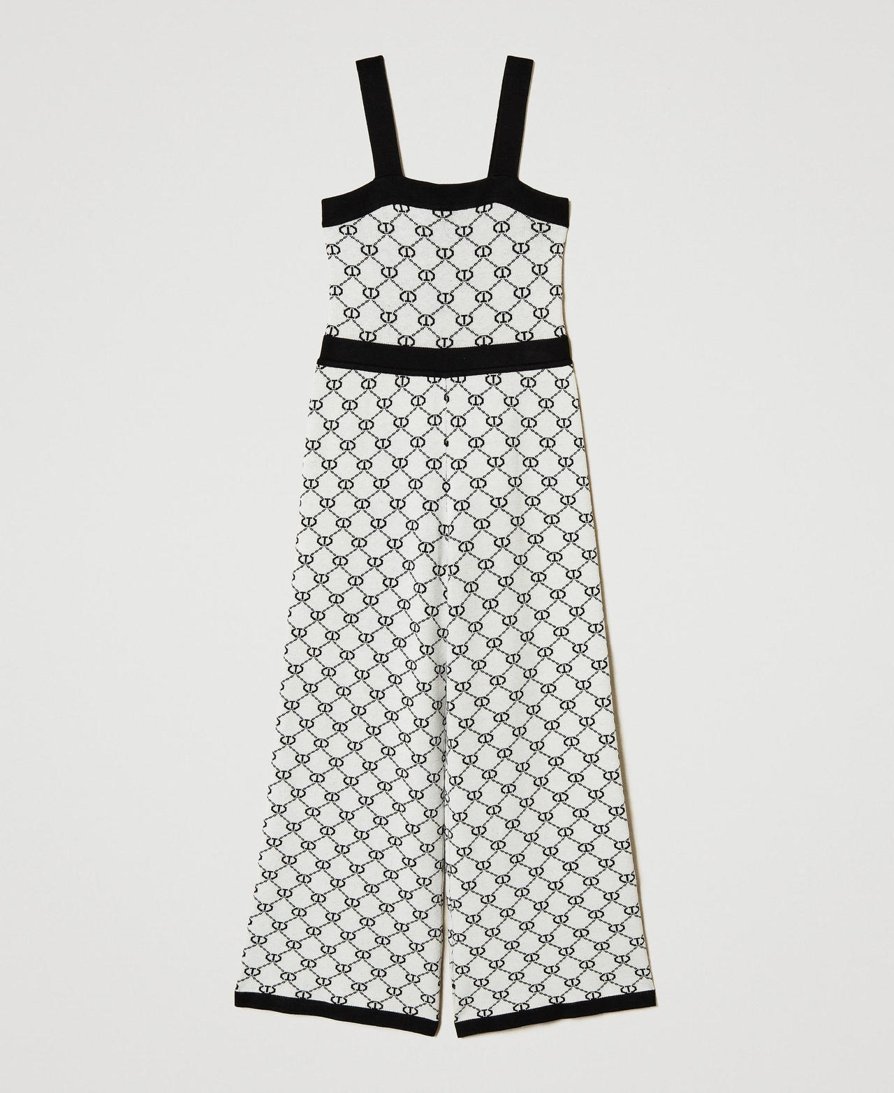 Long knit jumpsuit with jacquard Oval T Bicolour "Ice" White / Black Girl 251GJ3QX3_02849_0S
