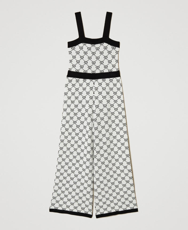 Long knit jumpsuit with jacquard Oval T Bicolour "Ice" White / Black Girl 251GJ3QX3_02849_0S