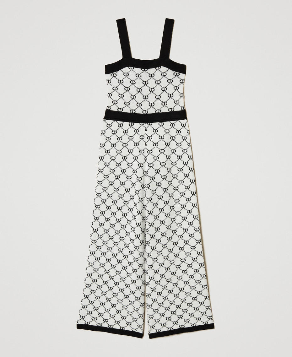 Long knit jumpsuit with jacquard Oval T Bicolour "Ice" White / Black Girl 251GJ3QX3_02849_S0