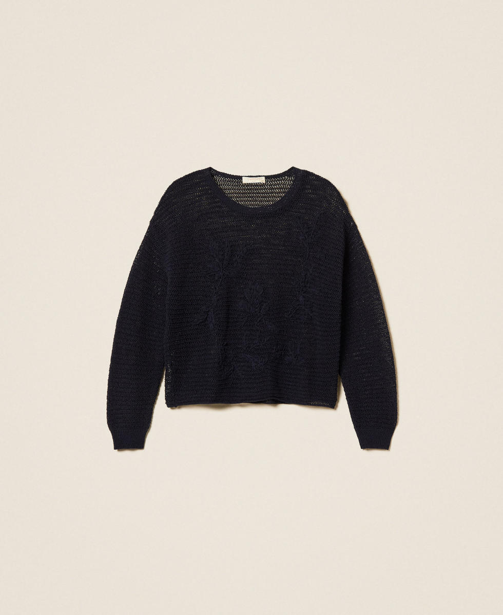 Mesh jumper with hand embroidered details Blue Night Woman 261TE3020_13172_S0