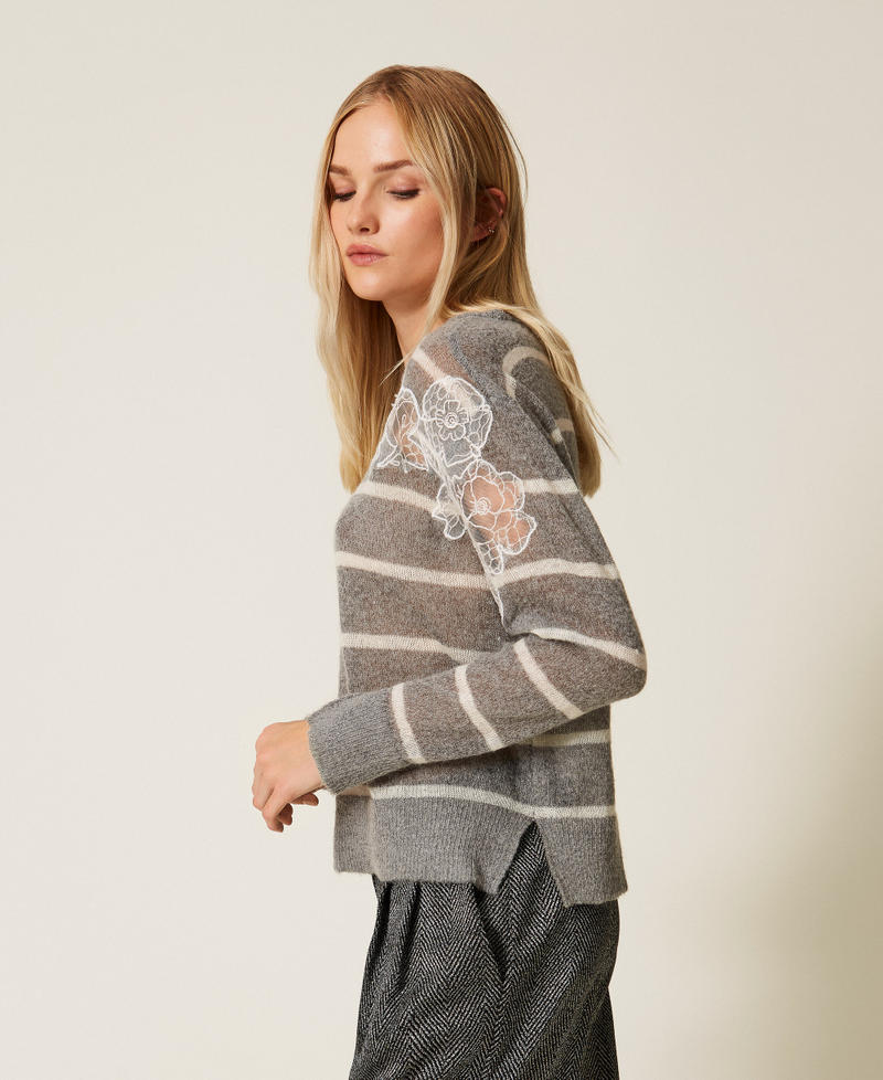 Mohair blend jumper with lace and slits Grey Melange/Snow White Stripe Woman 252TP3252_12756_02