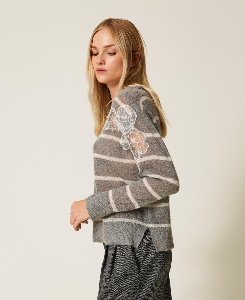 Mohair blend jumper with lace and slits Grey Melange/Snow White Stripe Woman 252TP3252_12756_02