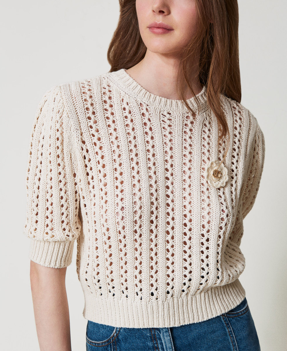 Jumper with crochet brooch Dark Mother-of-Pearl Woman 251TP3361_02952_04