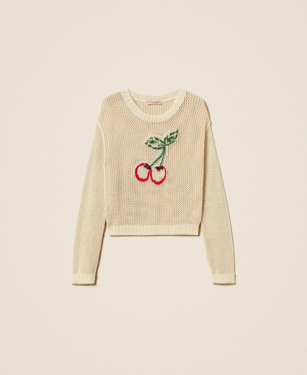 Jumper with hand-embroidered cherries Dark Snow White Woman 261TT3300_03077_S0