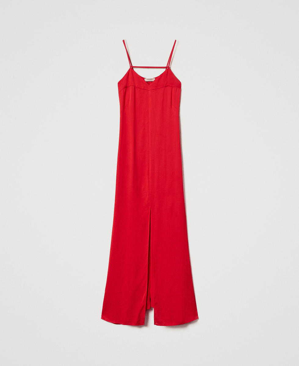 Robe longue en cr&ecirc;pe de satin Hibiscus Red Femme 251TT2190_12365_S0