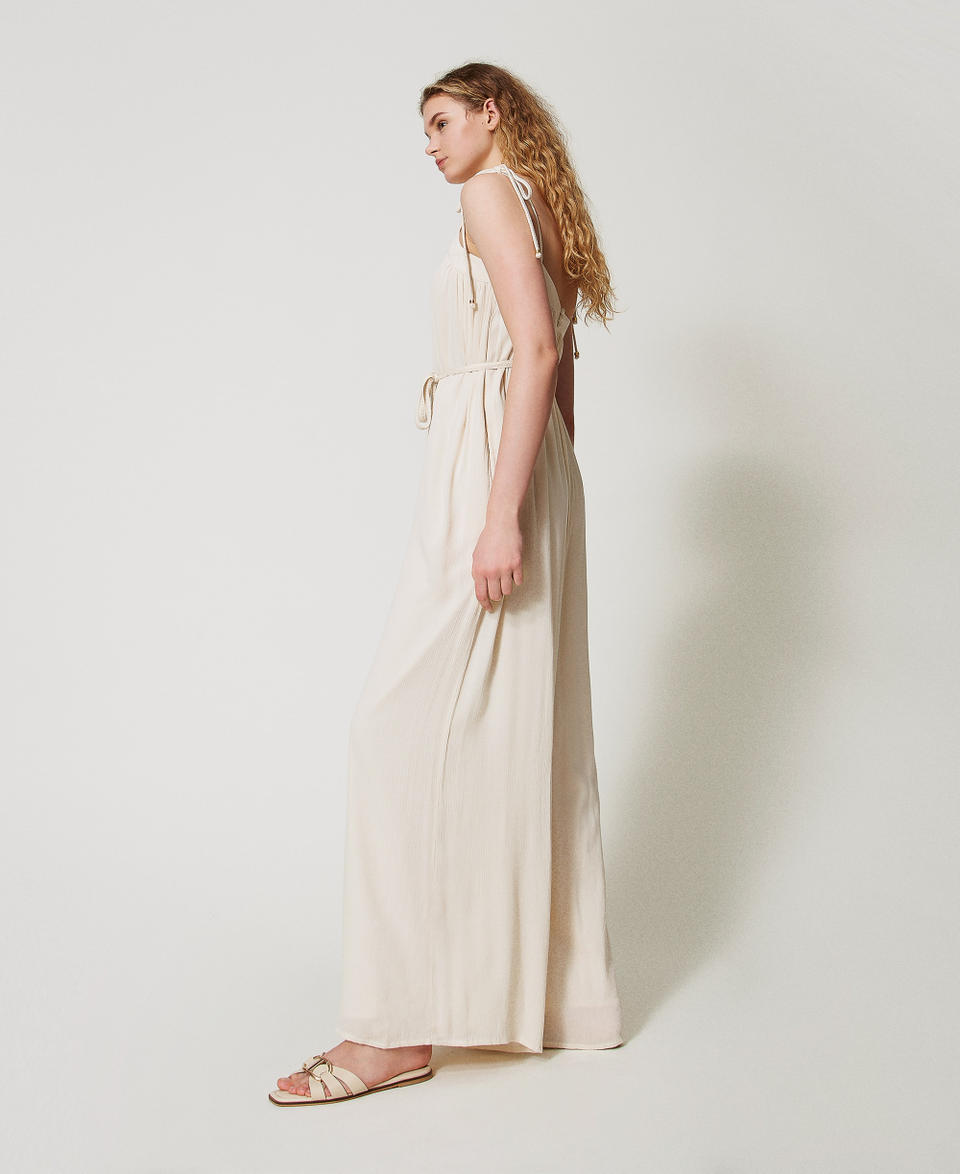 Full-length crepon jumpsuit with belt Almond Beige Woman 251LM2GCC_12363_02