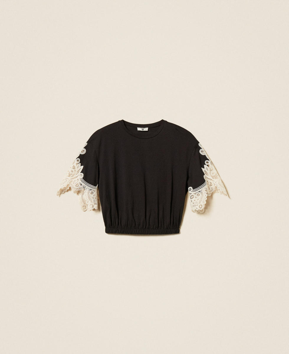 Bluse mit &Auml;rmeln aus Makramee Schwarz / Vanillewei&szlig; Frau 261LM2DEE_04241_S0
