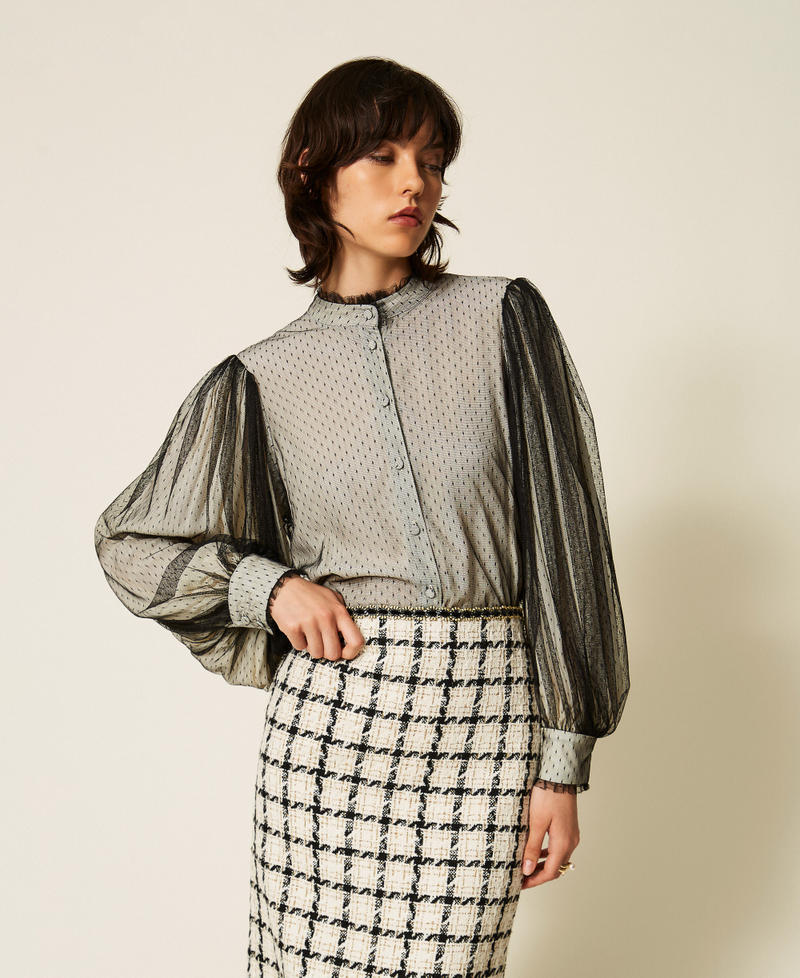 Camicia in cr&ecirc;pe de Chine e tulle plumetis Bicolor Bianco "Madreperla" / Nero Donna 262TP2210_02711_01