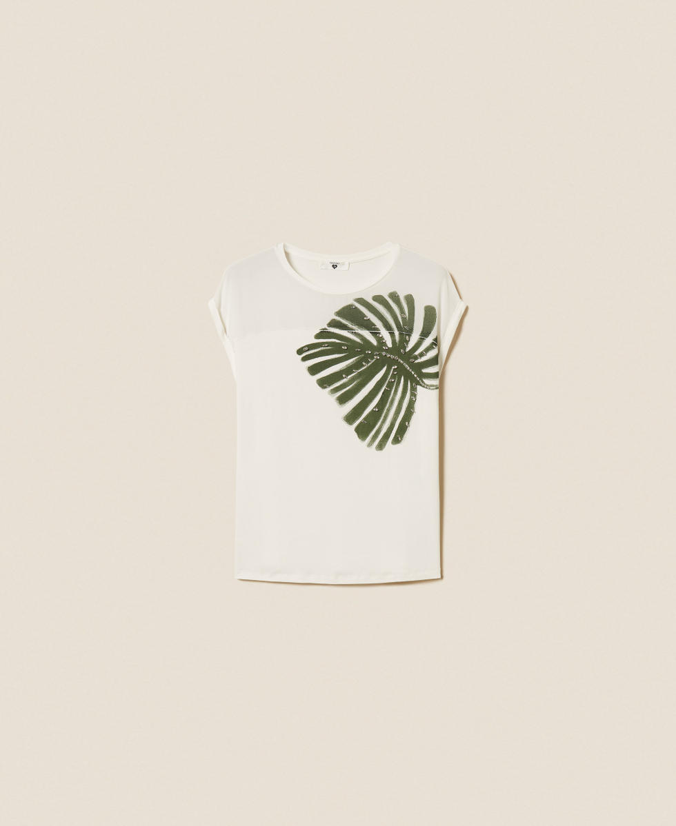  T-Shirt mit Print und Stickerei Mattwei&szlig; Frau 261LL2TDD_00526_S0