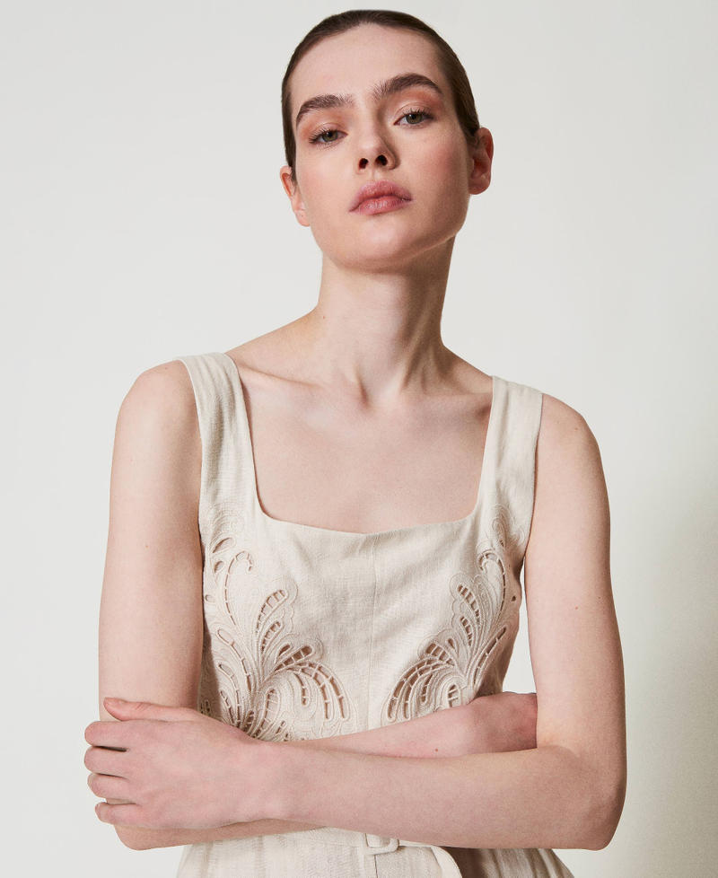 Linen blend jumpsuit with embroidery Mother Of Pearl Woman 251TP2163_00059_04