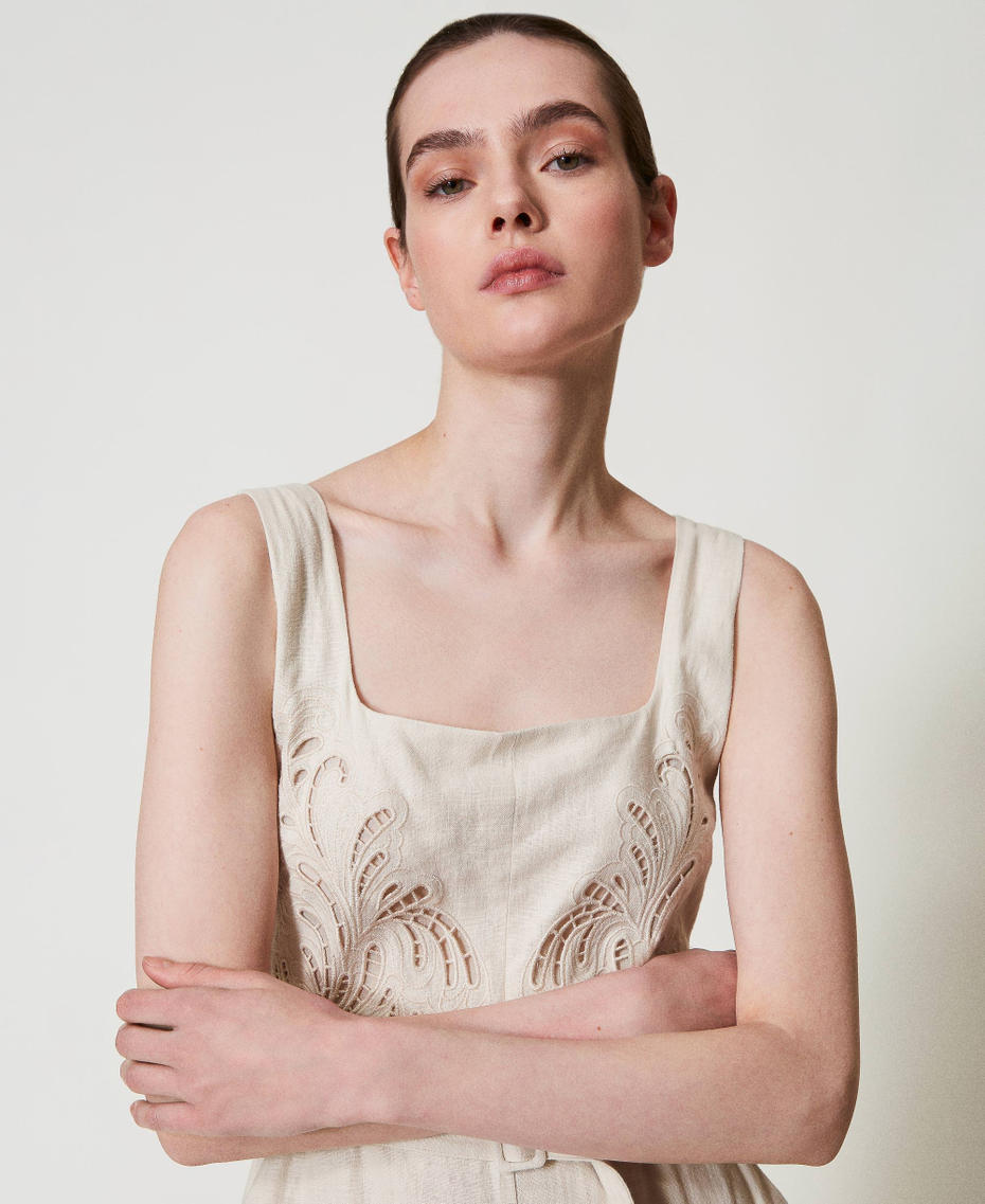 Linen blend jumpsuit with embroidery Mother Of Pearl Woman 251TP2163_00059_04