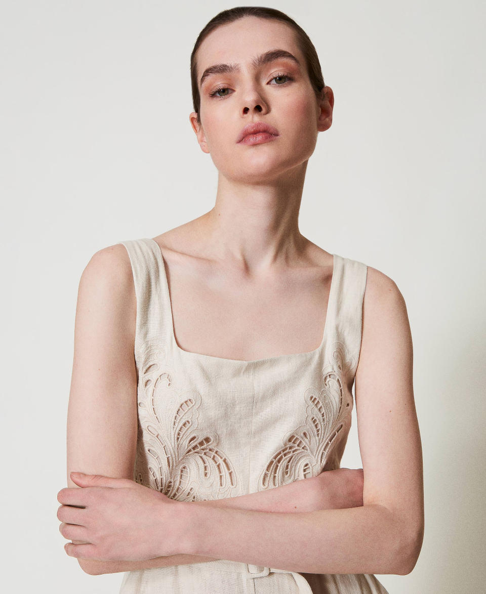 Linen blend jumpsuit with embroidery Mother Of Pearl Woman 251TP2163_00059_04