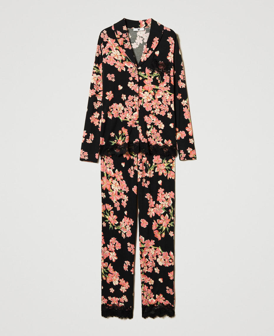 Mannish printed pyjamas with lace Multicolour Blooming Woman 242LL2GBB_11998_S0