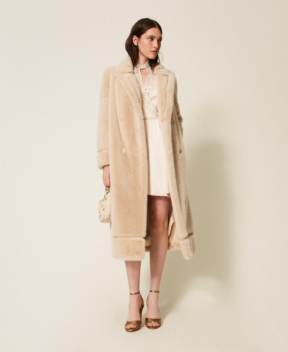 Double-breasted faux fur coat Light Natural Woman 252TT2152_12227_01