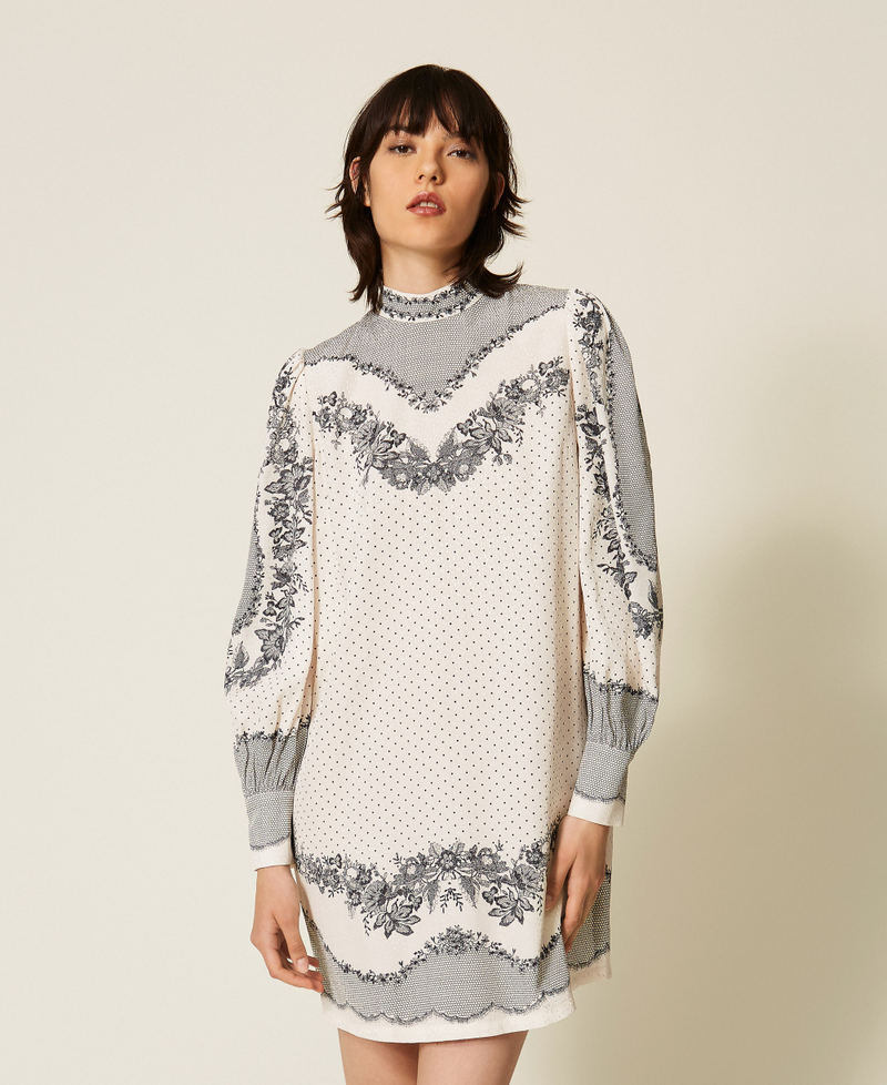 Abito corto in raso jacquard a fiori e pois Stampa Lace And Flowers Nero / Madreperla Donna 262TP267C_13947_02