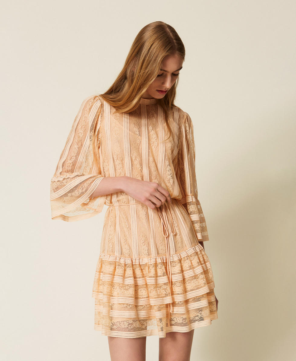 Short striped lace dress with belt Woman, Pink | TWINSET Milano