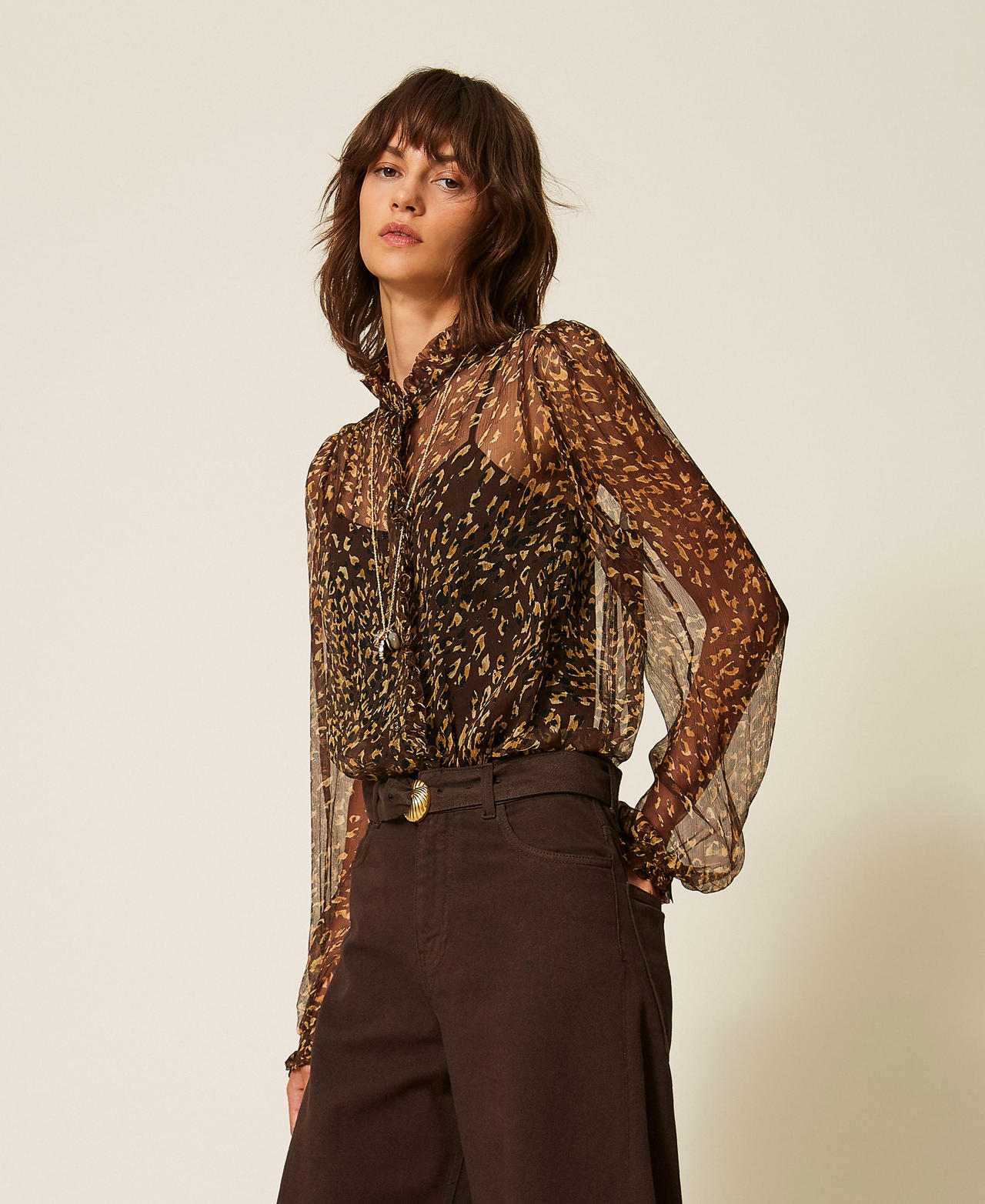 Twinset Women's Brown/Gold Animal Print Silk Creponne Floral Shirt With Animal Print