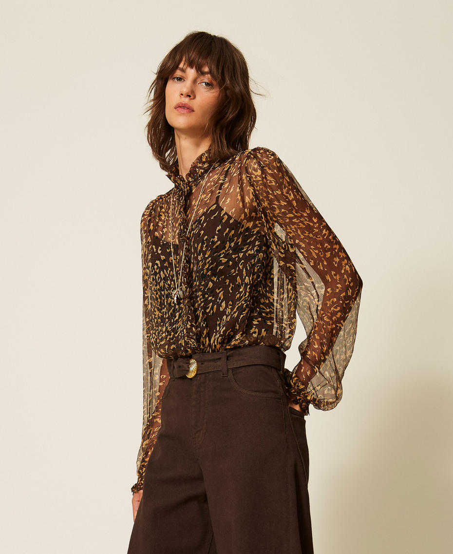 Hemd aus Seidenkrepon mit Animal-Dessin Animal Print Brown / Gold Frau 262TP269B_13873_01