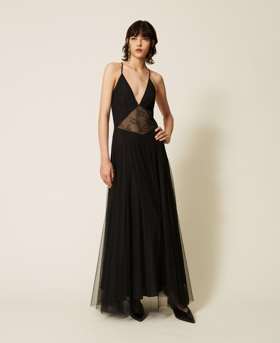 Vestido largo de tul plumetis y encaje Negro Mujer 262TP2213_00006_01
