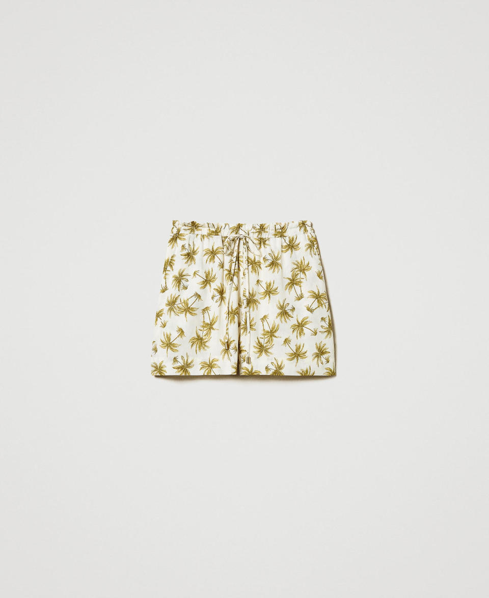 Linen blend shorts with palm print Mother of Pearl/Olive Leaf Palm Print Woman 251LB2VCC_12196_0S