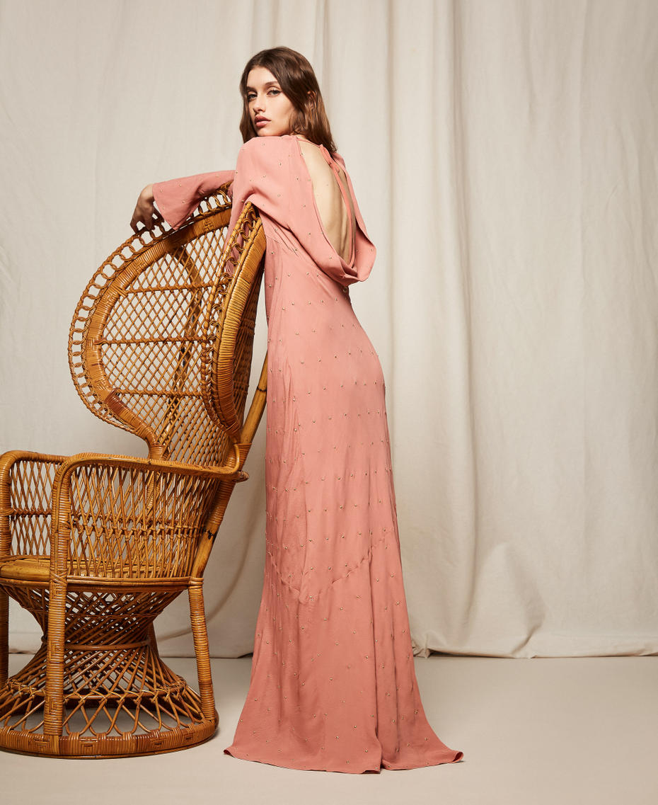 Long dress with lurex embroidery and deep neckline Rust Brown Woman 252TP2035_12608_PC