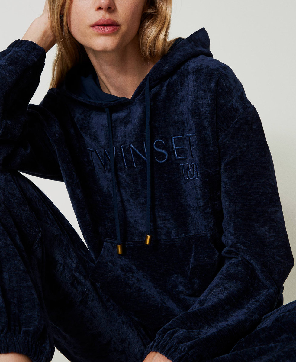 Velvet hoodie with embroidered logo Woman Blue TWINSET Milano