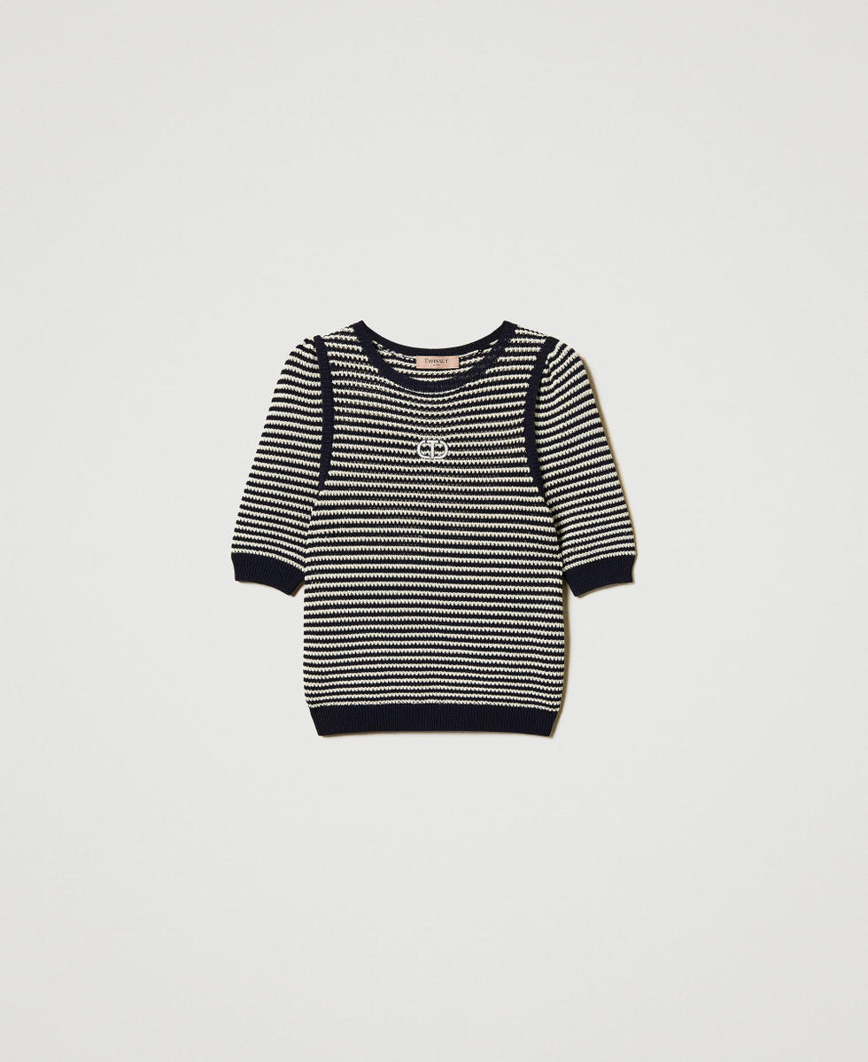 Gestreifter Pullover mit aufgesticktem Oval T Zweifarbig Schneewei&szlig; / Blue Night Frau 251TP3323_12261_S0
