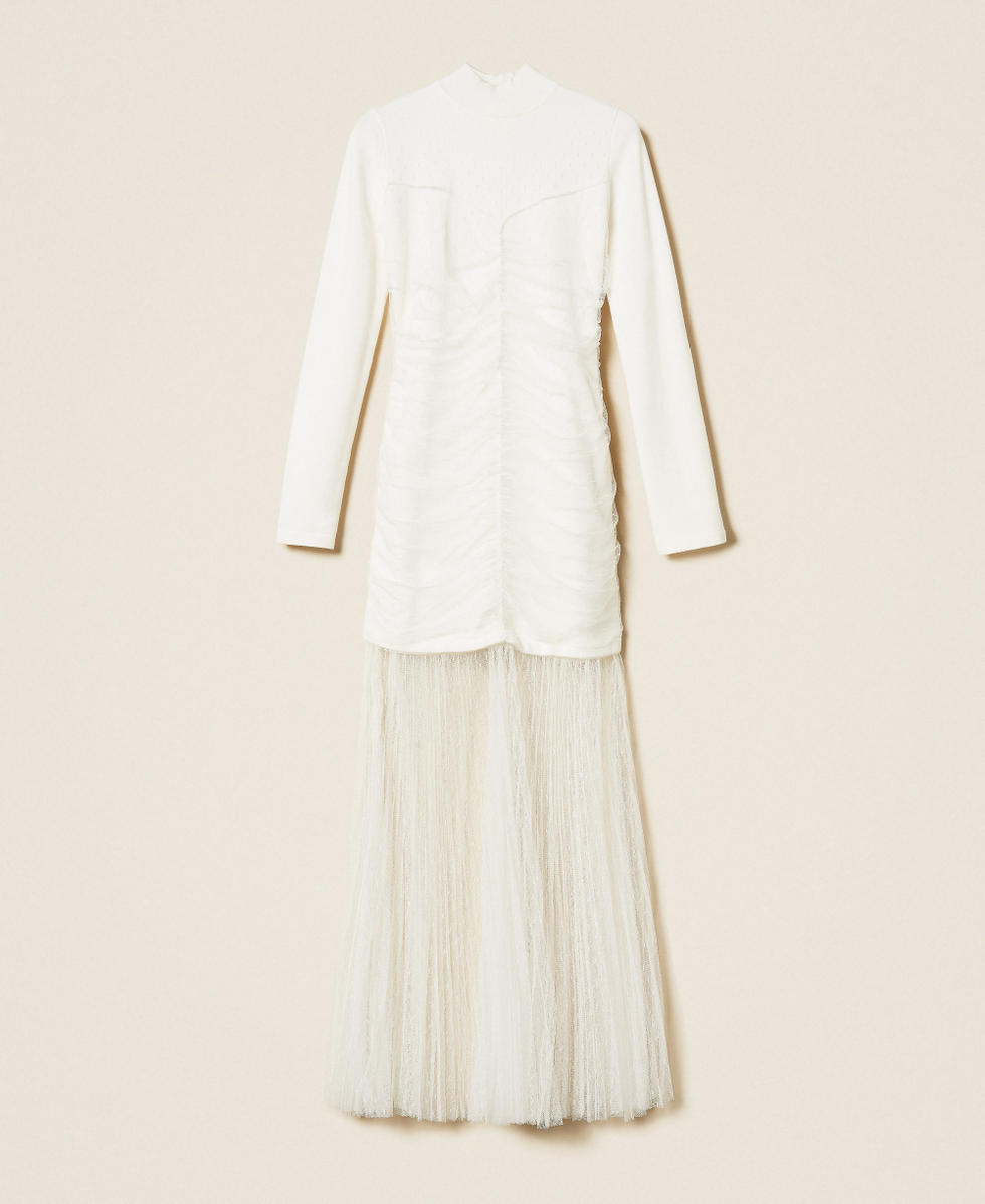 Robe longue en maille et tulle Blanc Neige Femme 252TT3262_00282_S0