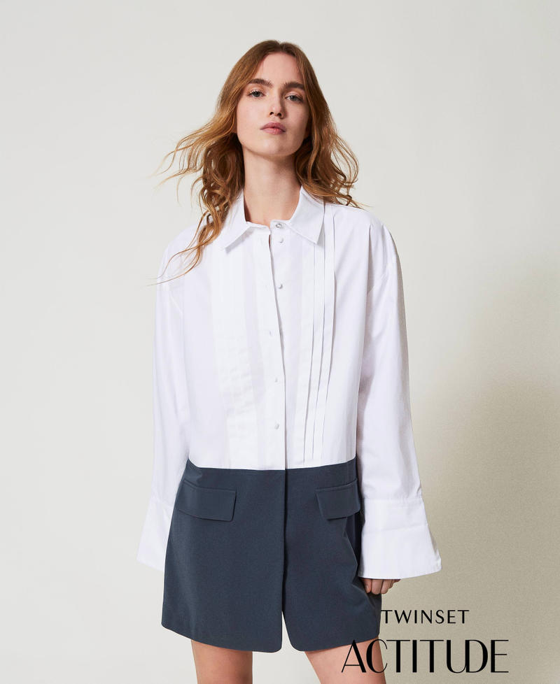 Short poplin and yarn-dyed dress Two-tone Papers White/Blue Fusion Woman 251AP2393_12373_PA