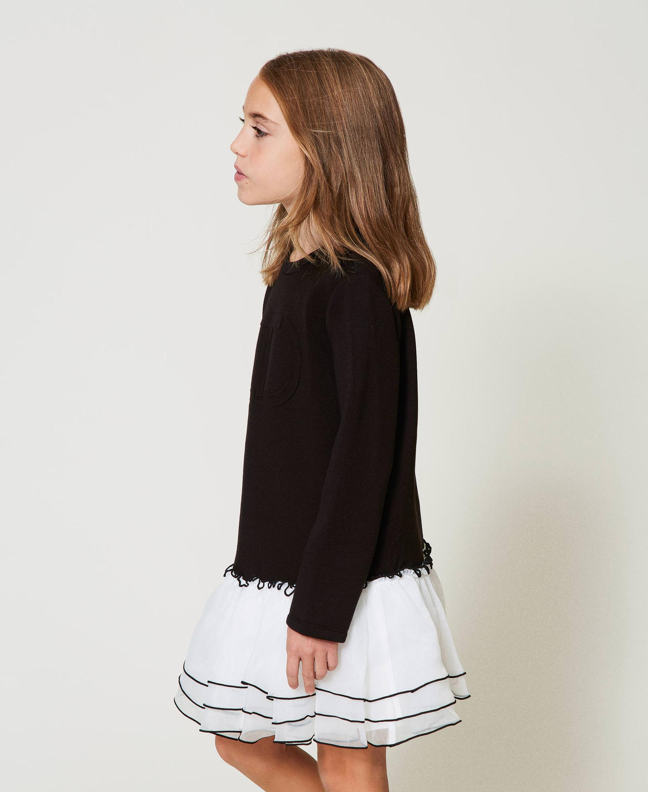 Short scuba fabric and organza dress Bicolour Black / Off White Girl 242GJ2021_02714_02