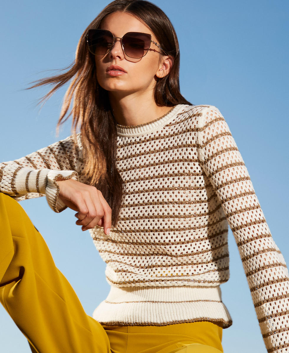 Fishnet jumper with lurex stripes Snow White/Golden Green Lurex Woman 252TP3532_12804_PC