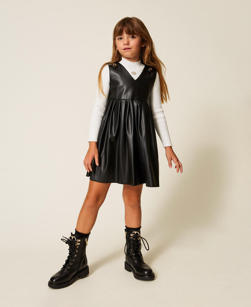 Girls' short faux leather dress with Oval T Black Girl 252GB2041_00006_01