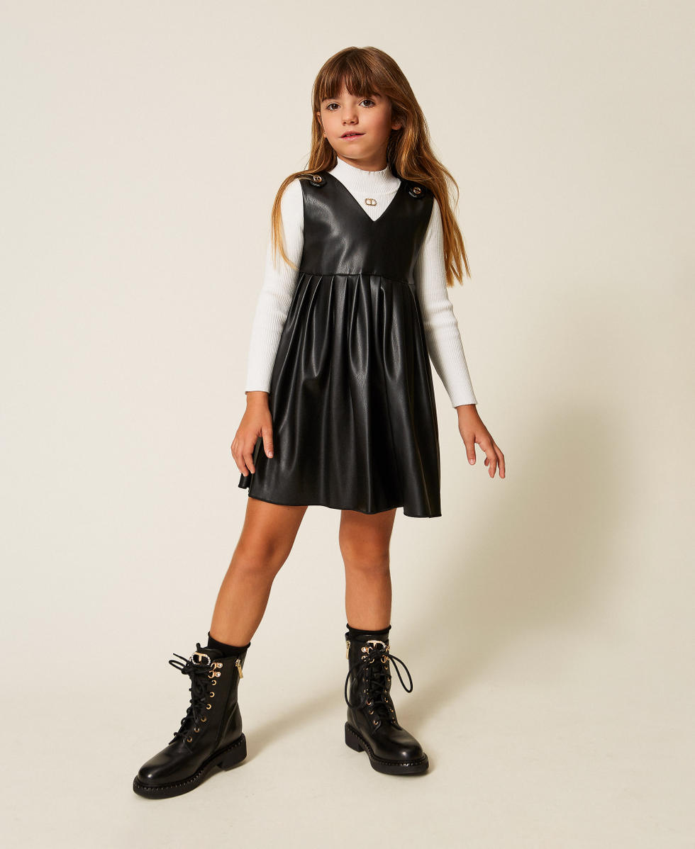 Girls' short faux leather dress with Oval T Girl, Black | TWINSET Milano