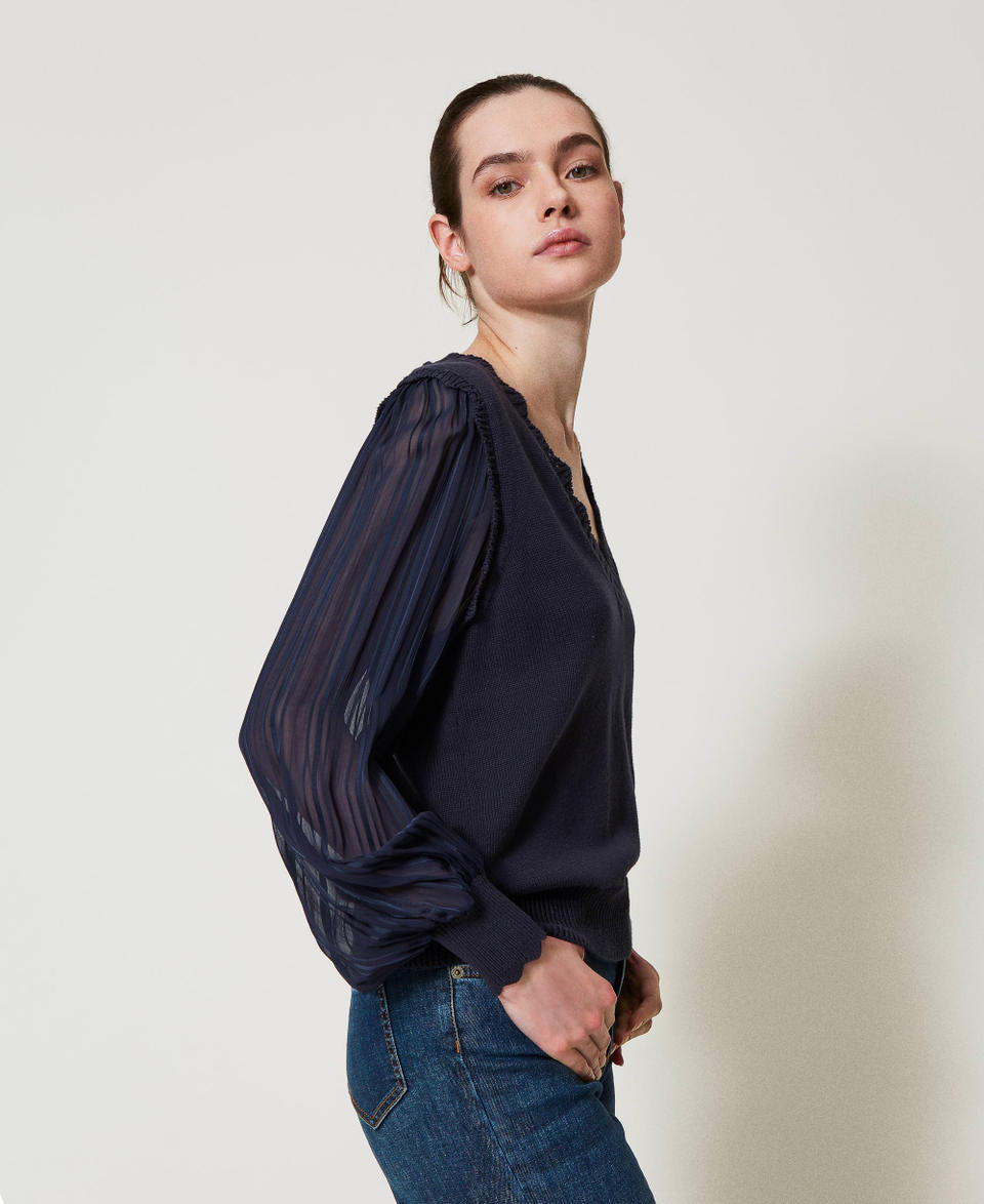 Maglia con maniche in creponne a righe Blue Night Donna 251TP3162_00238_02