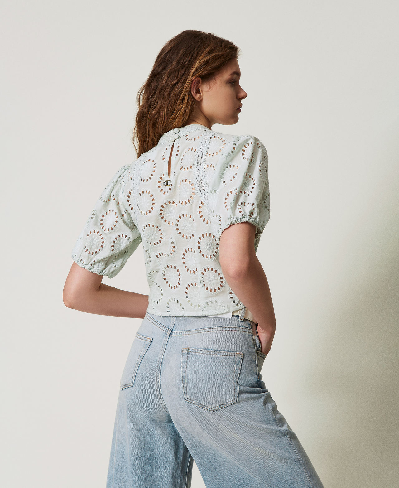 Broderie anglaise bustier blouse Water Green Woman 251TT2366_12371_03