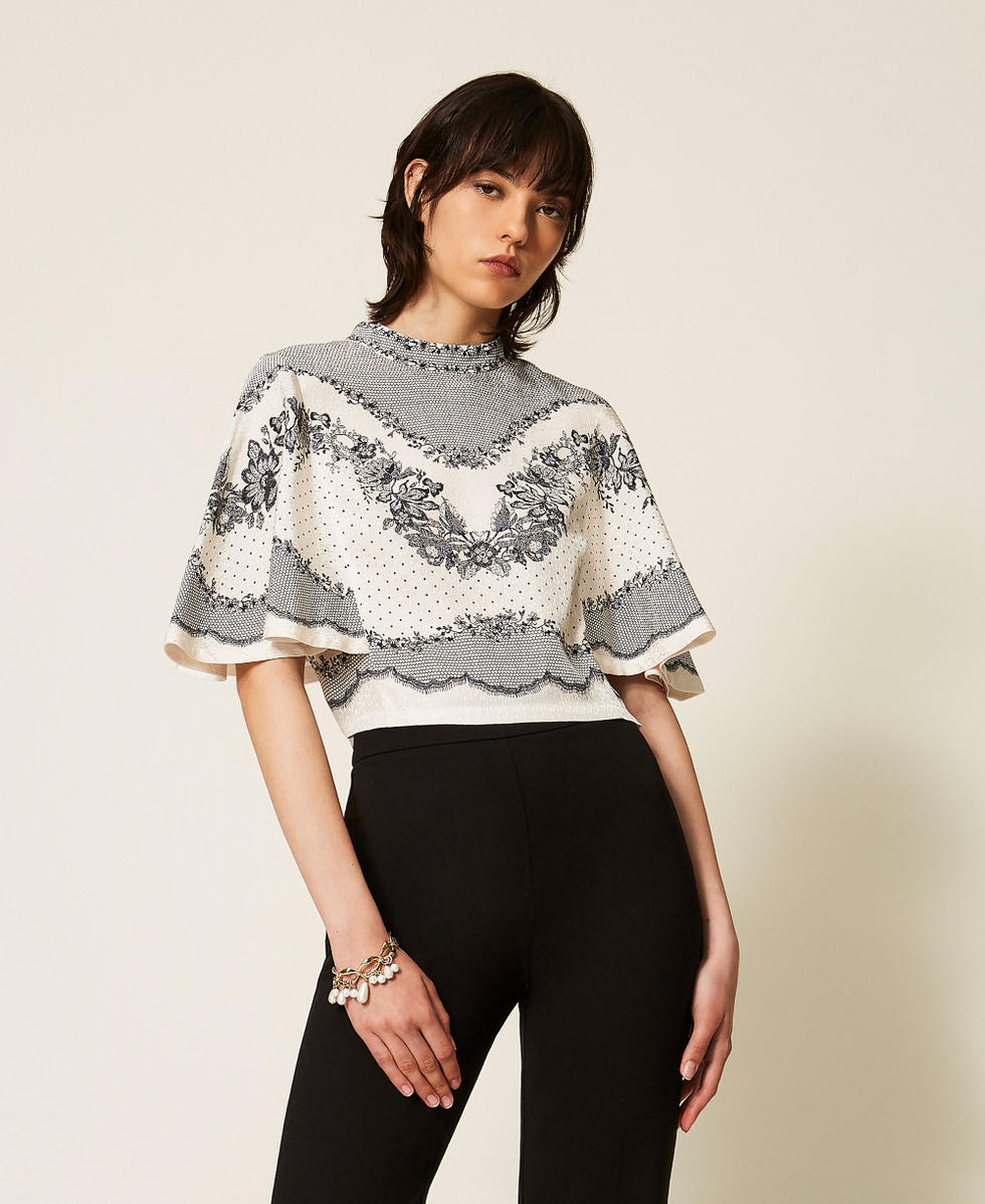 Blouse en satin jacquard floral avec pois Imprim&eacute; Dentelle et Fleurs Noir/Nacre Femme 262TP267A_13947_01