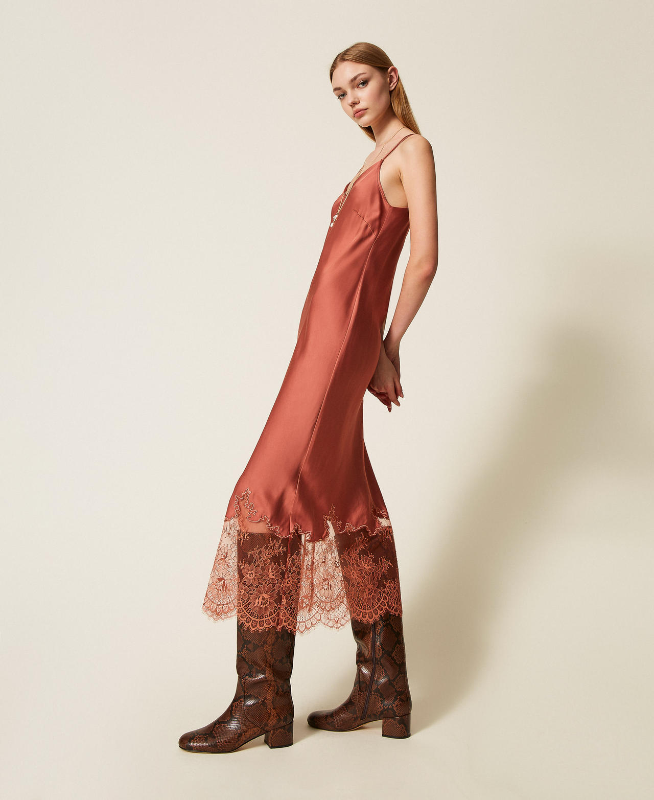 Midi satin and lace dress Rust Brown Woman 252TP2390_12608_02