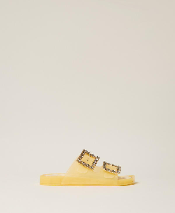 Slider sandals with jewel buckles