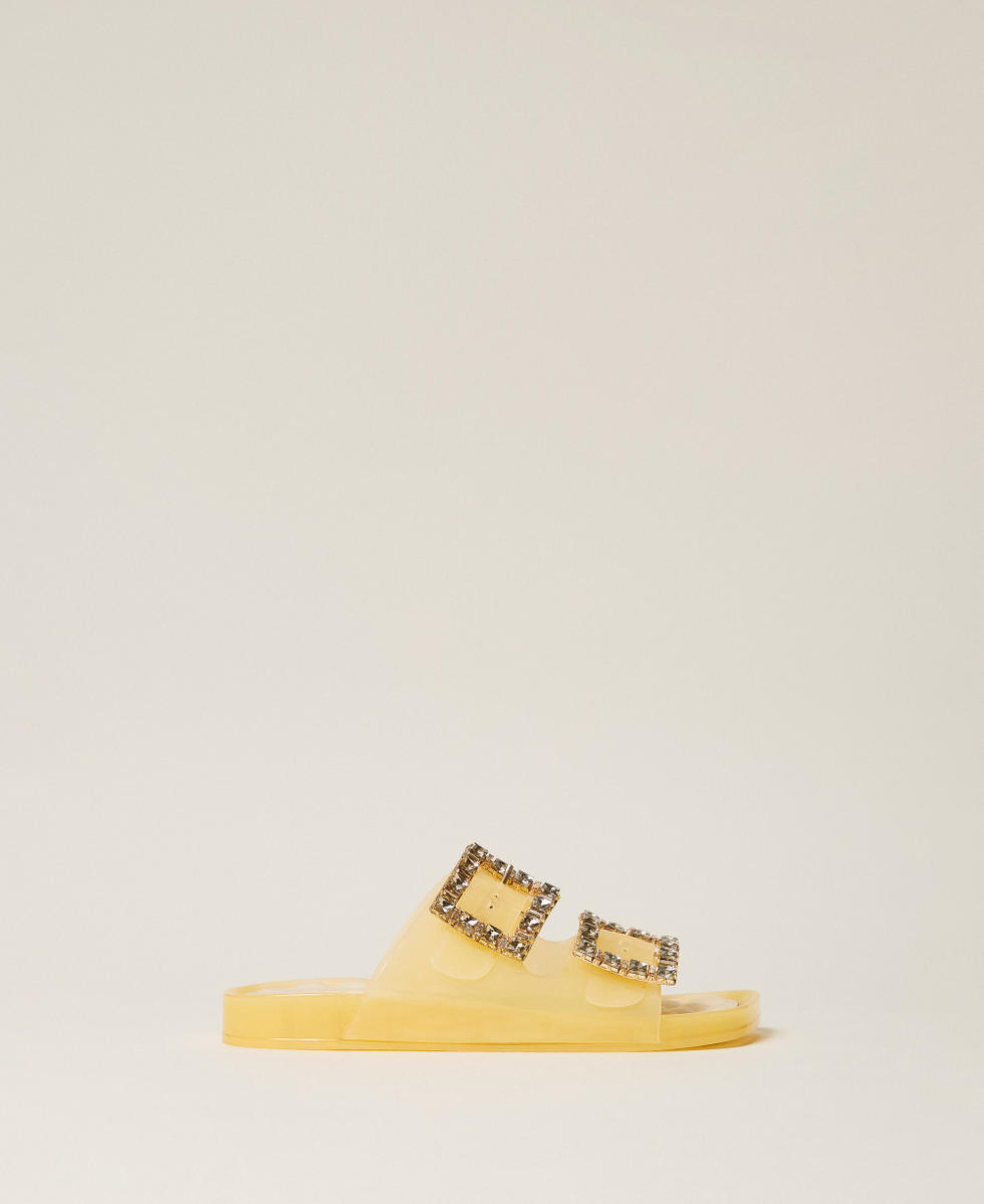 Slider sandals with jewel buckles