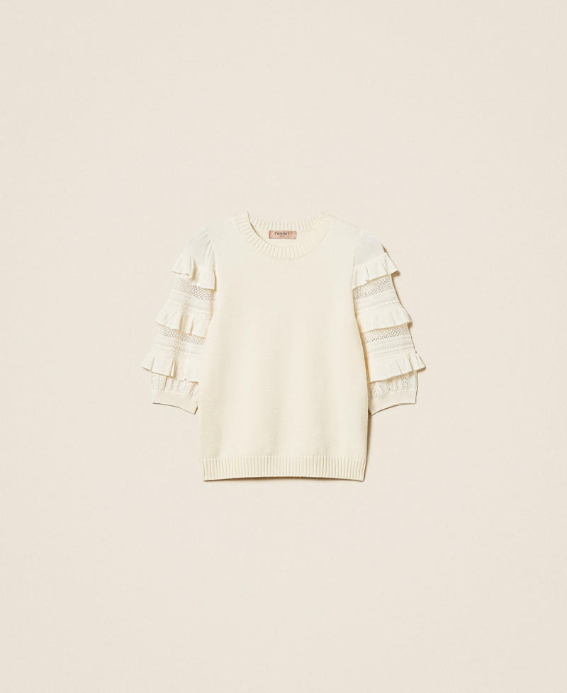 Mesh stitch jumper with ruffles Mother Of Pearl Woman 262TP3111_00059_S0