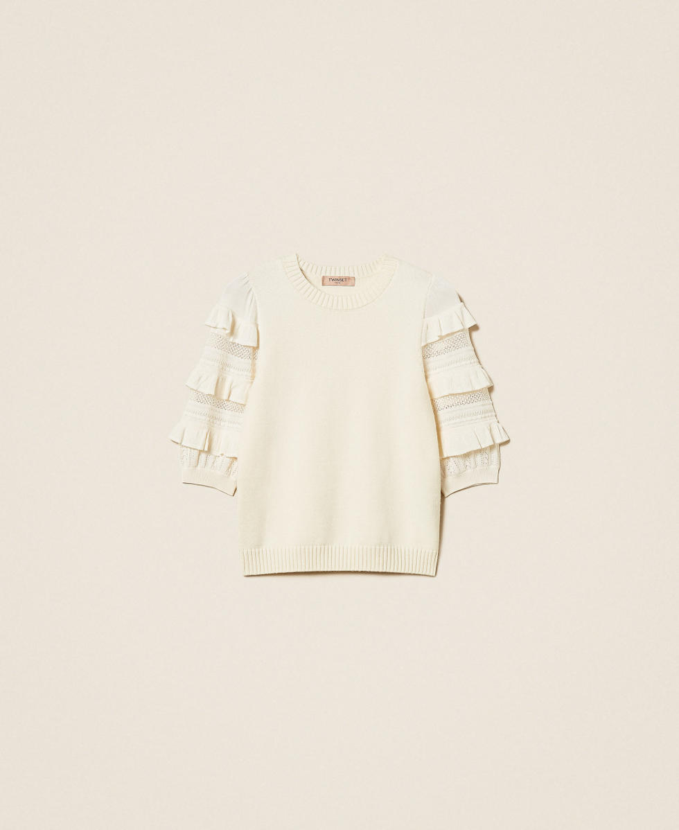 Pullover mit Netzmaschen und Volant Perlmutt Frau 262TP3111_00059_S0