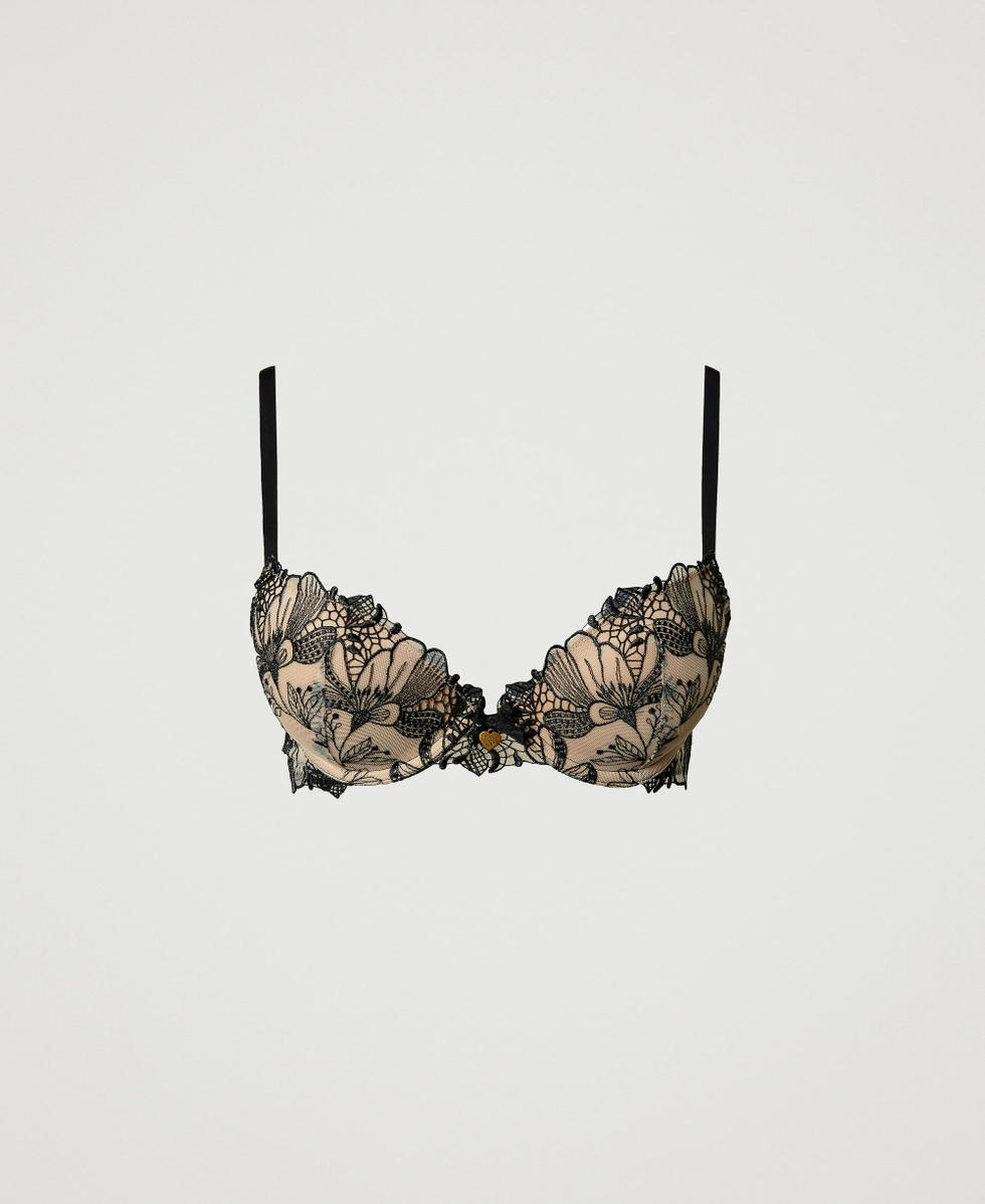 Embroidered tulle push-up bra Two-tone Wonder Beige / Black Woman 242LL6F44_12002_S0