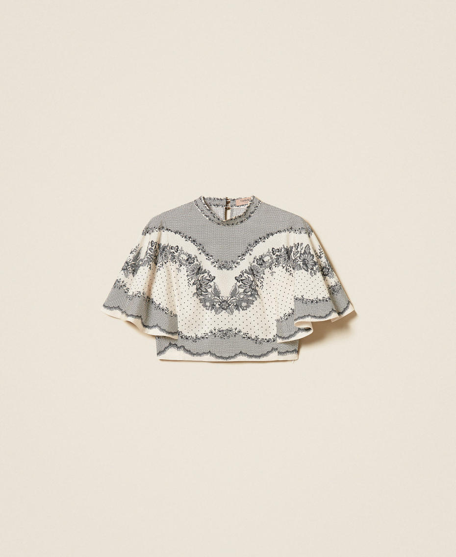 Satinbluse mit Jacquardmuster und Blumen und Tupfen Lace And Flowers Print Schwarz / Perlmutt Frau 262TP267A_13947_S0