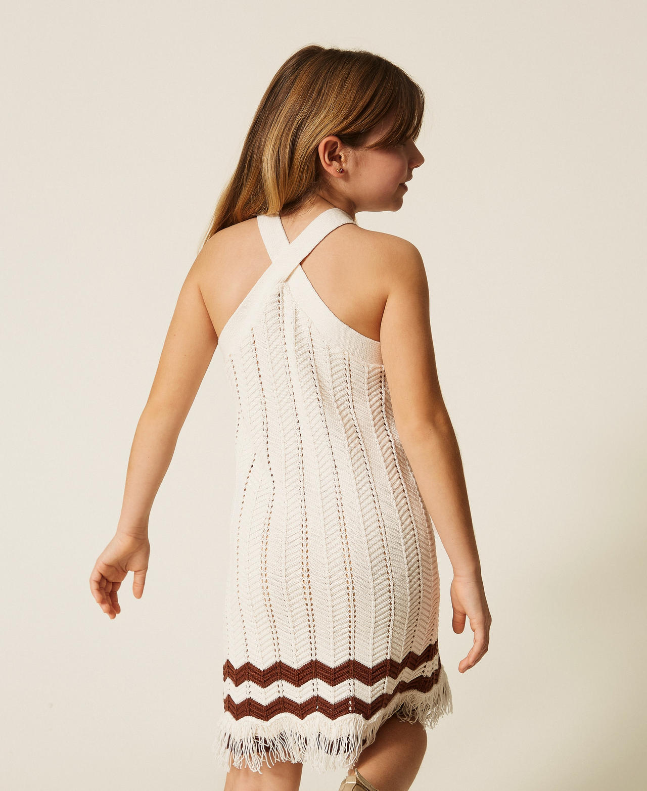 Short knit dress with zig-zag pattern Two-tone Milk/Dark Root Brown Girl 261GJ3023_13198_03