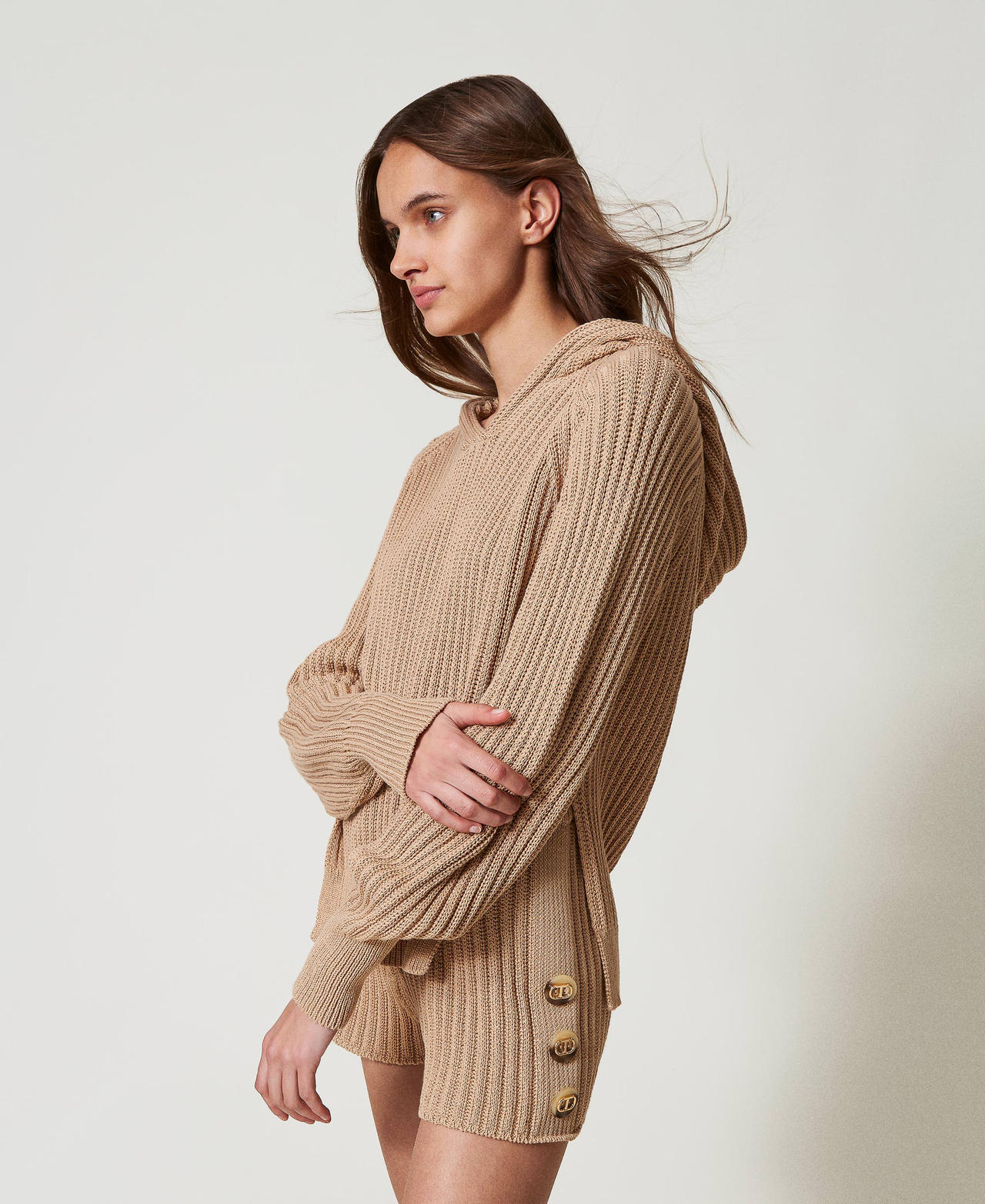 Maglia a costine con cappuccio Beige "Rope" Scuro Donna 251TP3203_12262_02