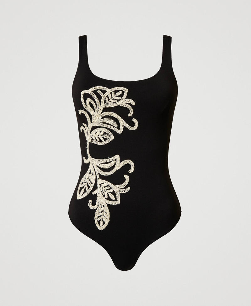 One-piece swimsuit with underwire and embroidery Bicolour Black / Mother-of-pearl White Woman 251LBMYZZ_02710_0S