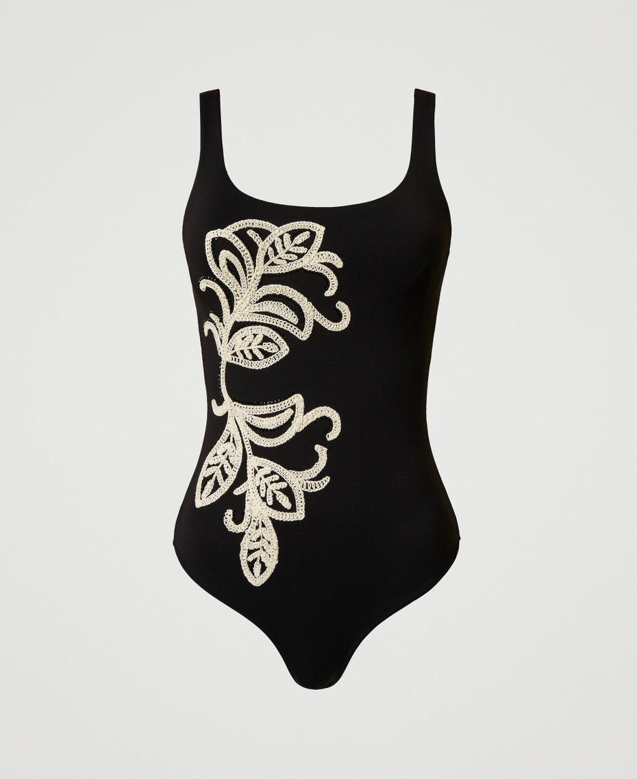 One-piece swimsuit with underwire and embroidery Bicolour Black / Mother-of-pearl White Woman 251LBMYZZ_02710_S0