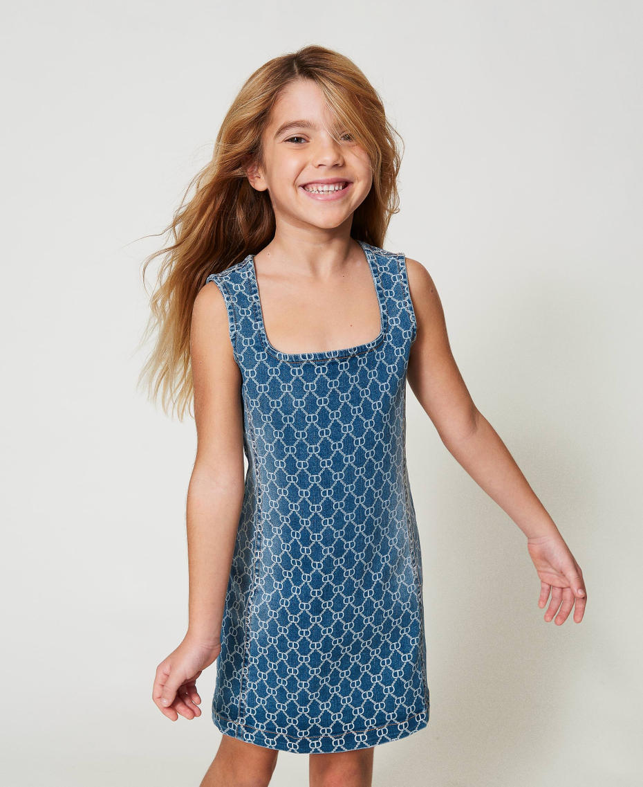 Short denim dress with Oval T logo all over Mid Denim Logo Girl 251GJ2660_12281_01