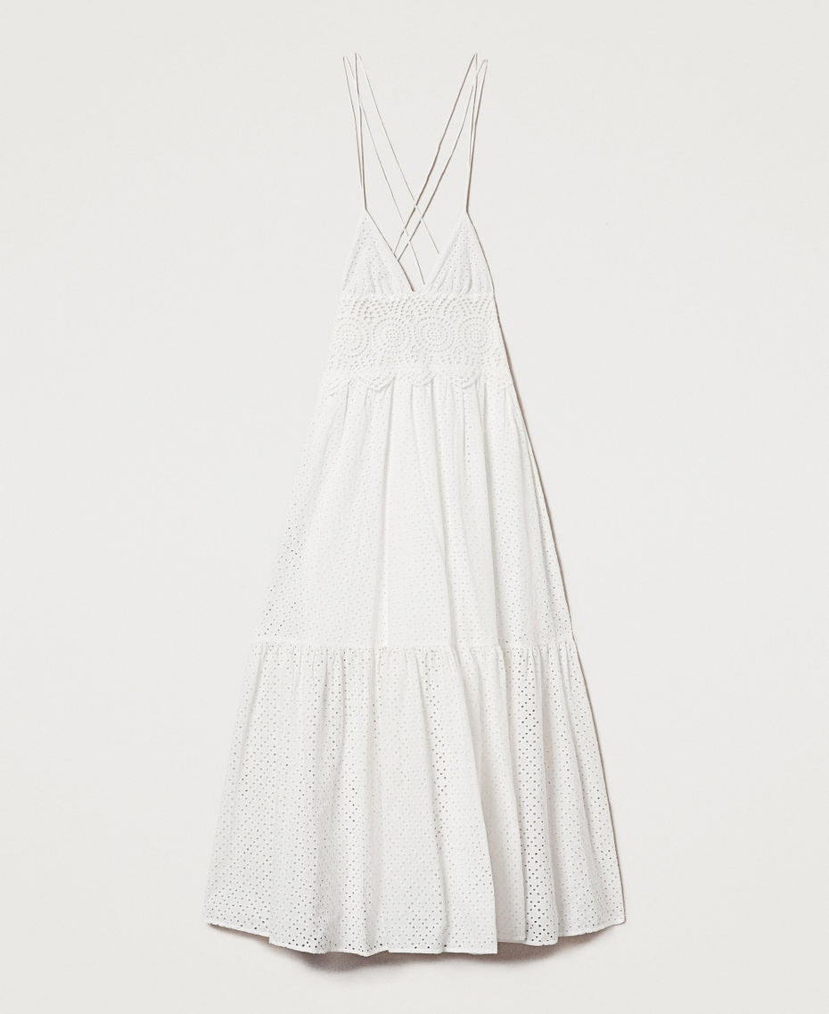 Long dress in broderie anglaise and crochet Sugar White Woman 251LM2VFF_00632_S0